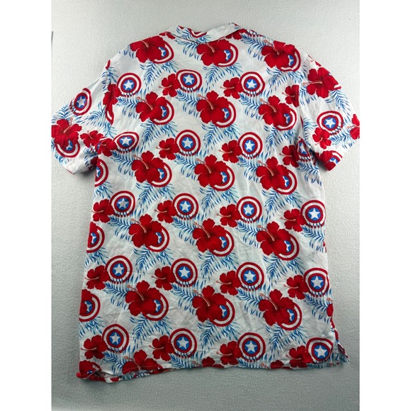 Marvel Captain America Mens Large White Red Blue Floral Shield Rayon Shirt LG - Picture 7 of 8